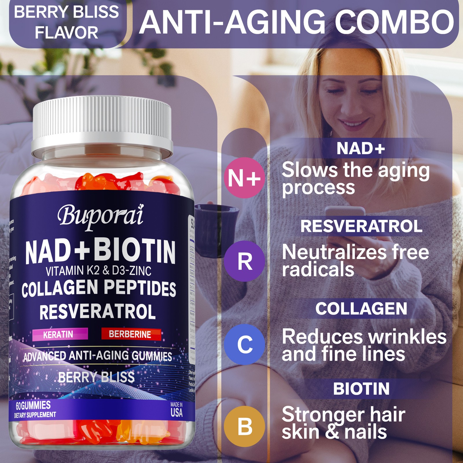 NAD+ Biotin – Resveratrol,Collagen – Promotes Healthy Hair, Nail Growth,and Skin