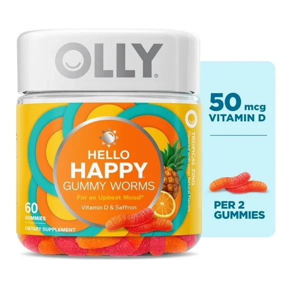 OLLY Hello Happy Gummy Worms, Mood Support, Vitamin D, Saffron, 60 Count