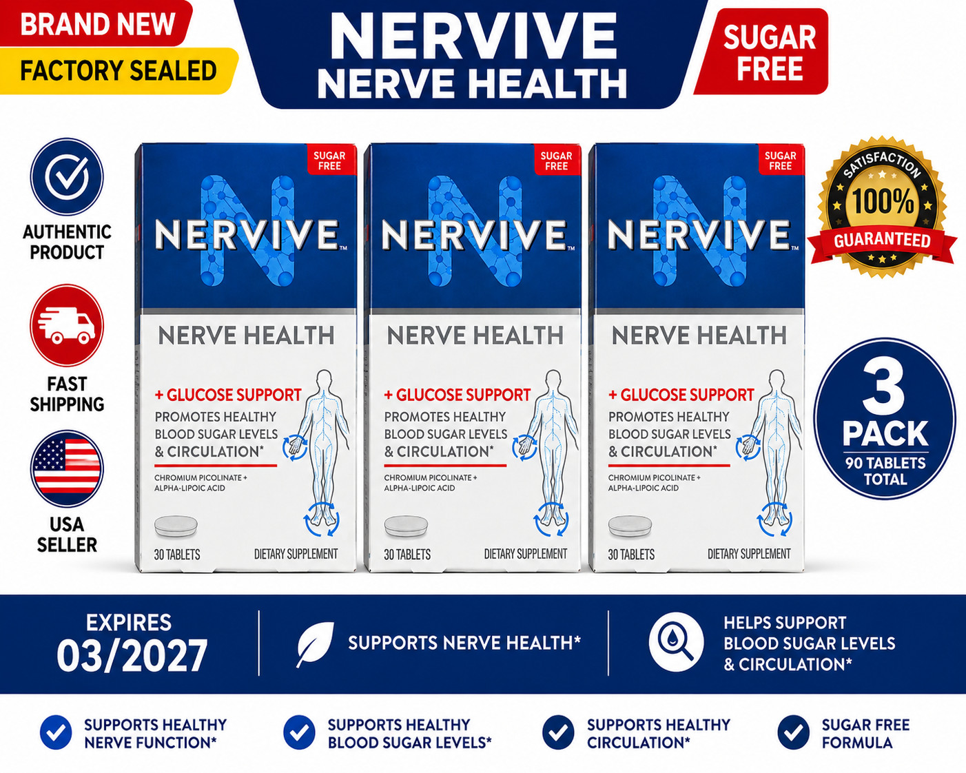 Nervive Nerve Health + Glucose Support 30 Tablets 3 Pack NEW Sealed EXP 03/2027