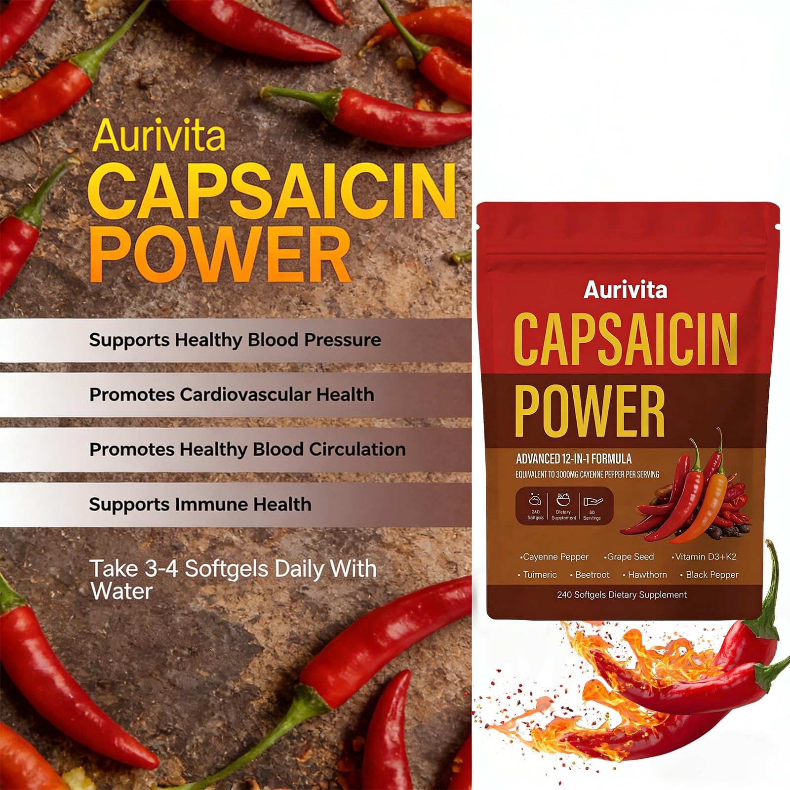 Aurivita Cayenne Capsaicin Softgels + D3, K2, Beetroot, Grape Seed 240 ct