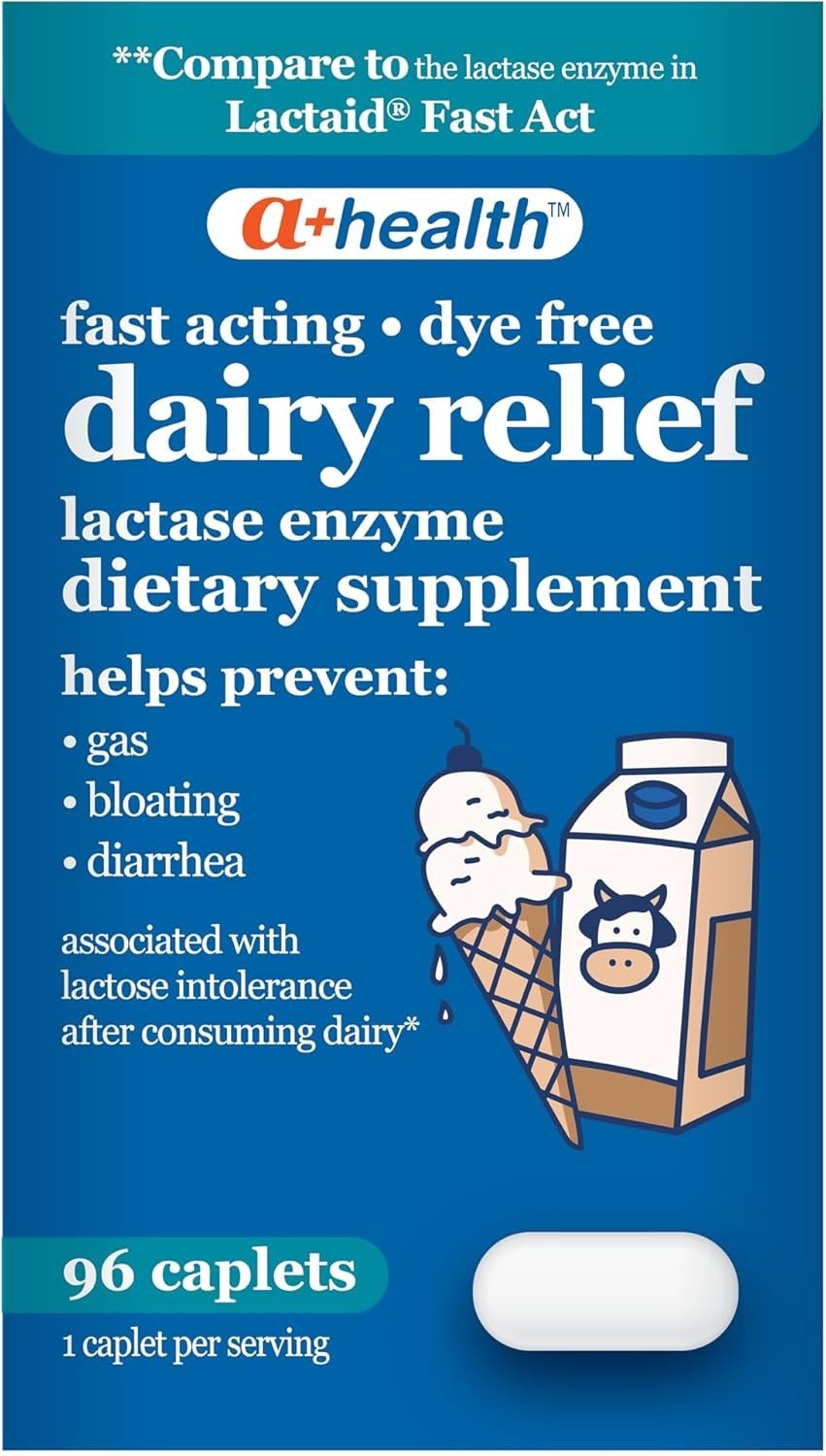 Dairy Relief Lactase Enzyme 96 Count, 9000 Caplets, Fast Acting, Dye-Free, D…