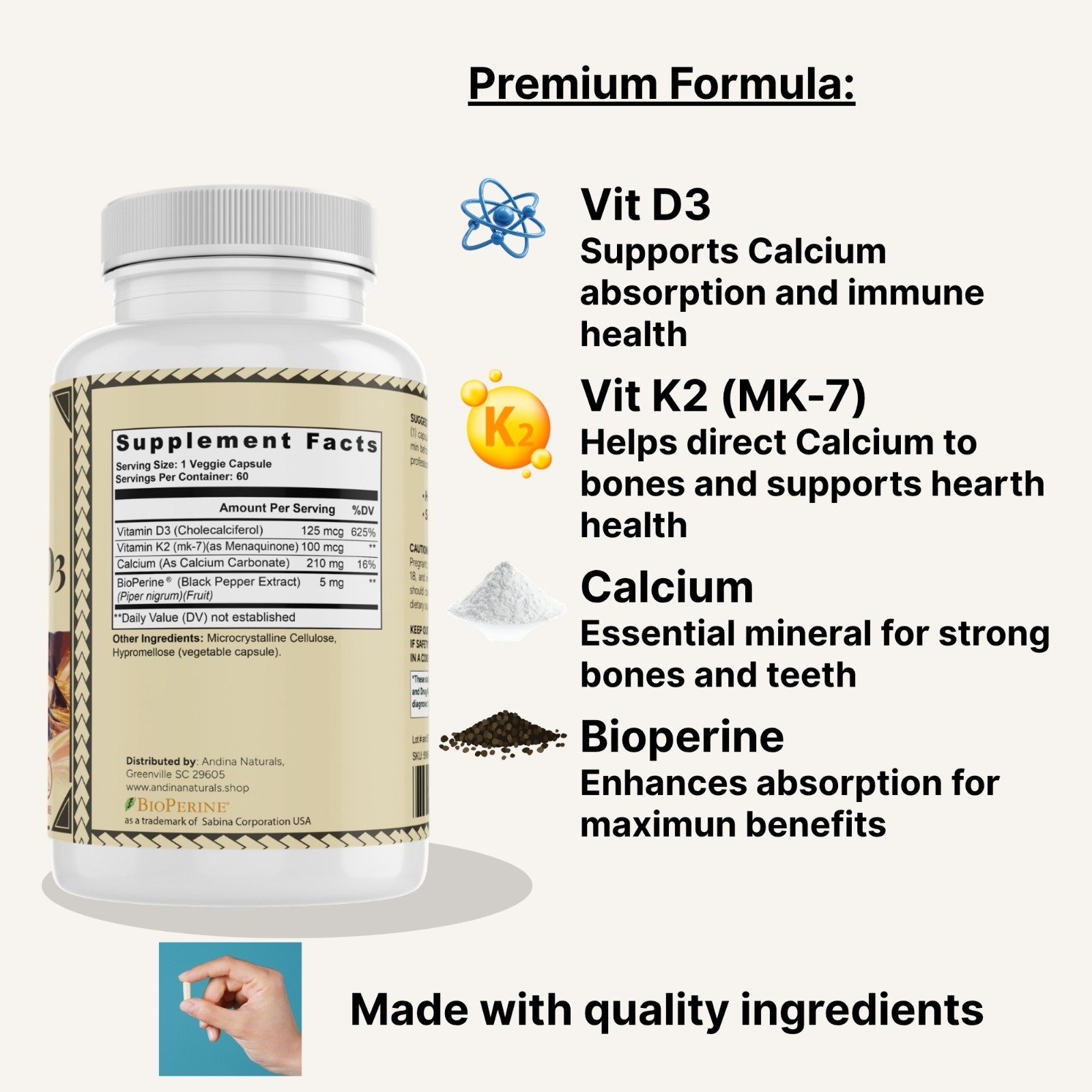 Vitamin K2 + D3 with BioPerine | Bone, Heart & Immune Support | 60 Capsules