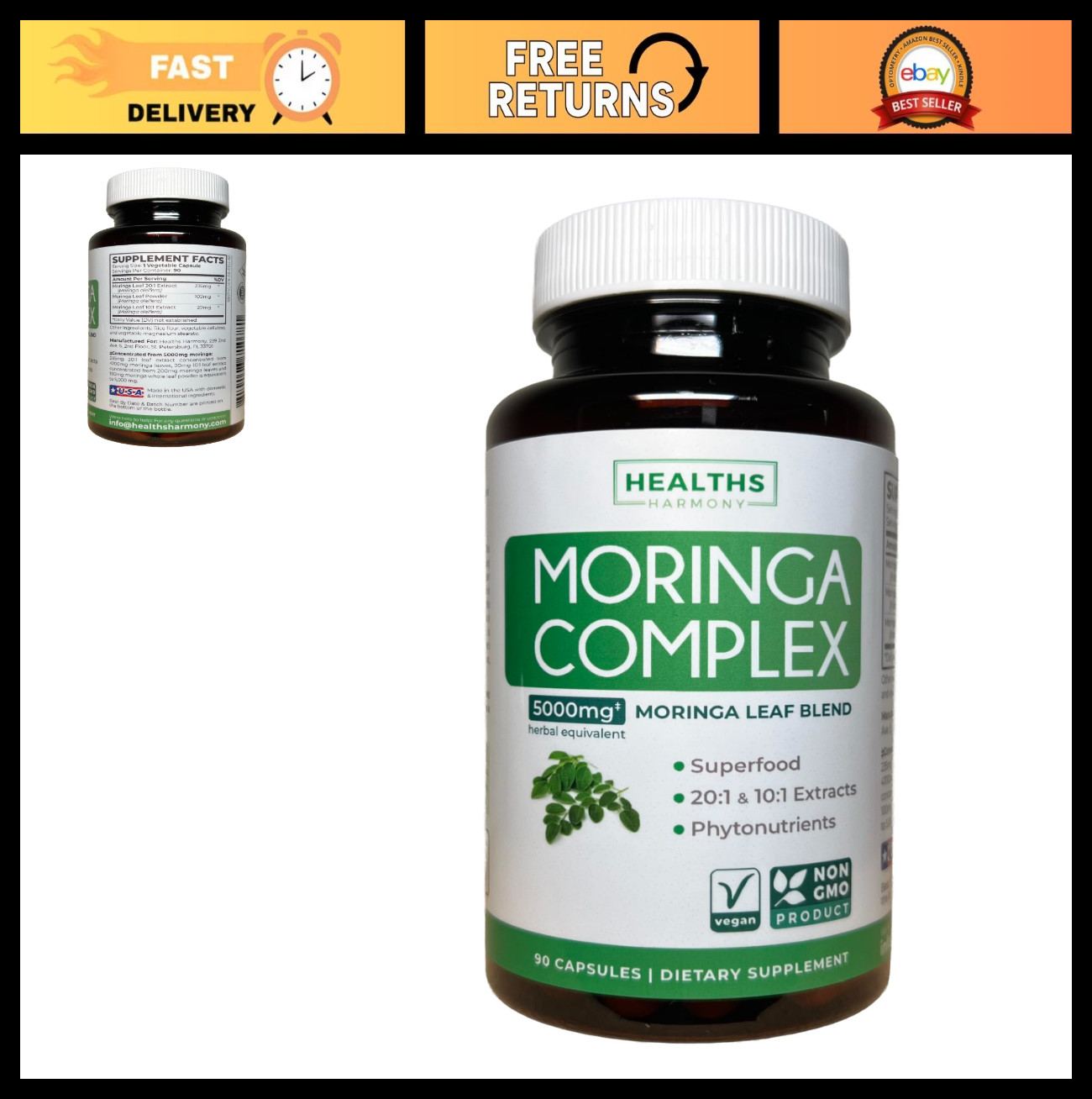 Moringa Capsules – 90 Vegan Capsules, 3-Month Supply, High Potency 20:1 Extract,