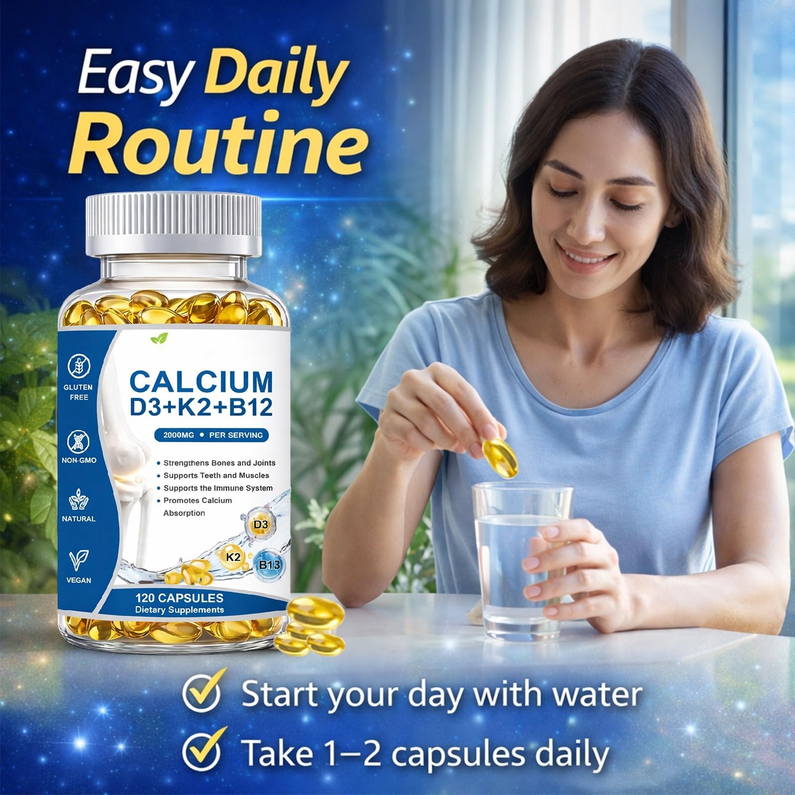 Calcium D3 K2 B12 Softgels 2000mg – Strengthen Bones & Teeth, Boost Energy, Non-