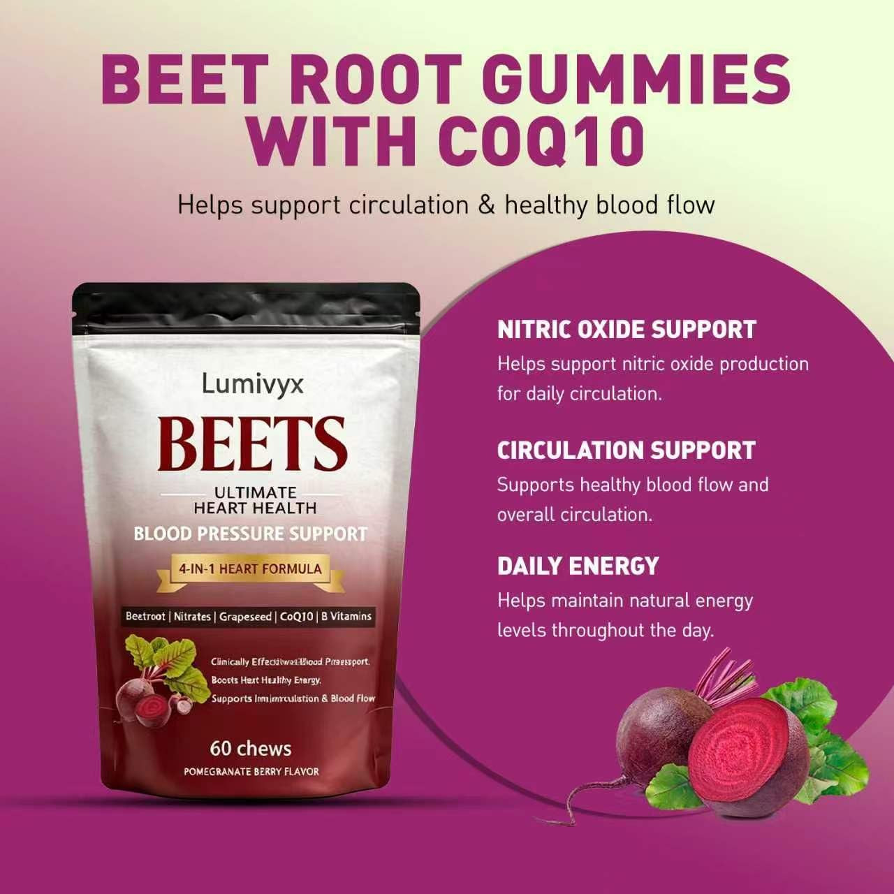 Beetroot Chews 500mg CoQ10 100mg Grape Seed Extract 150mg 3-in-1 60 Count