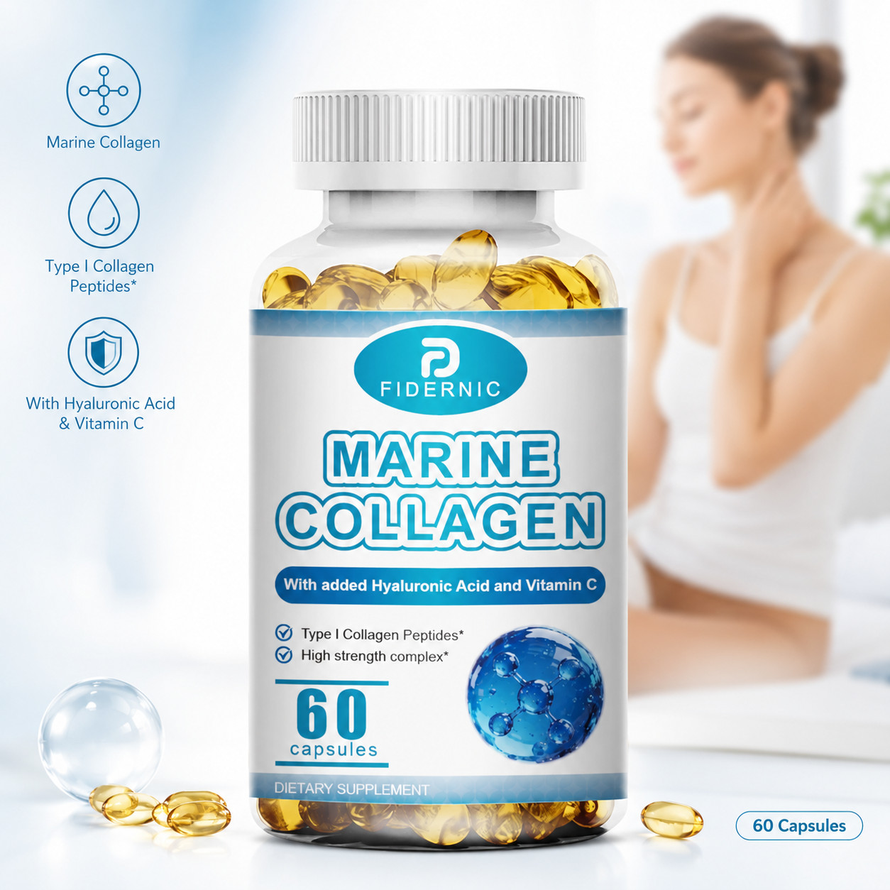 1/2/3 Bottle Marine Collagen Type I Peptides Hyaluronic Acid Vitamin C 60 Count