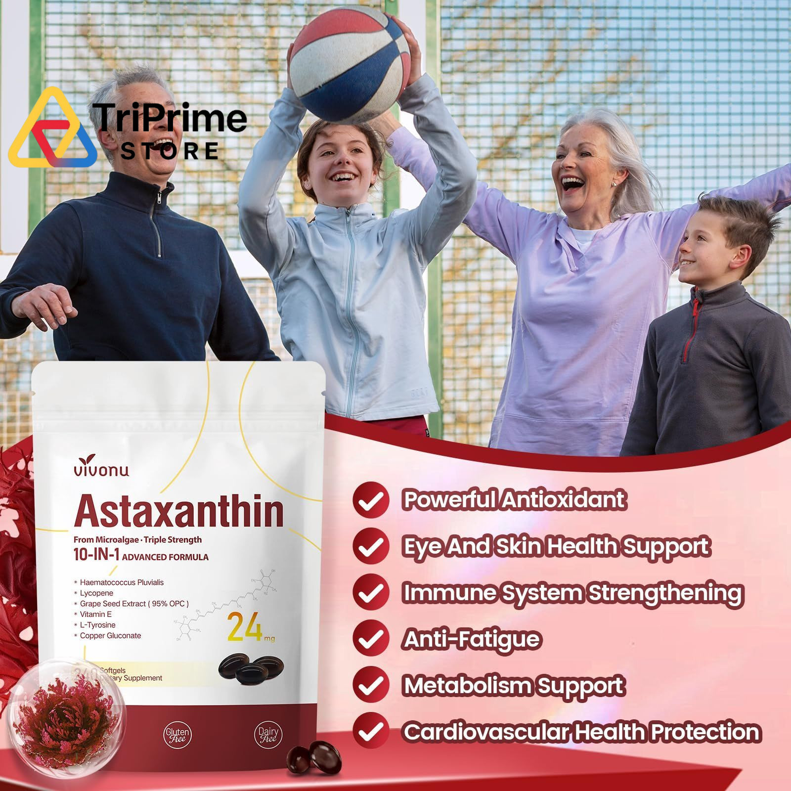 10 in 1 Astaxanthin 1 Count (Pack of 1), 24mg | 1 Bag | 240 Softgels