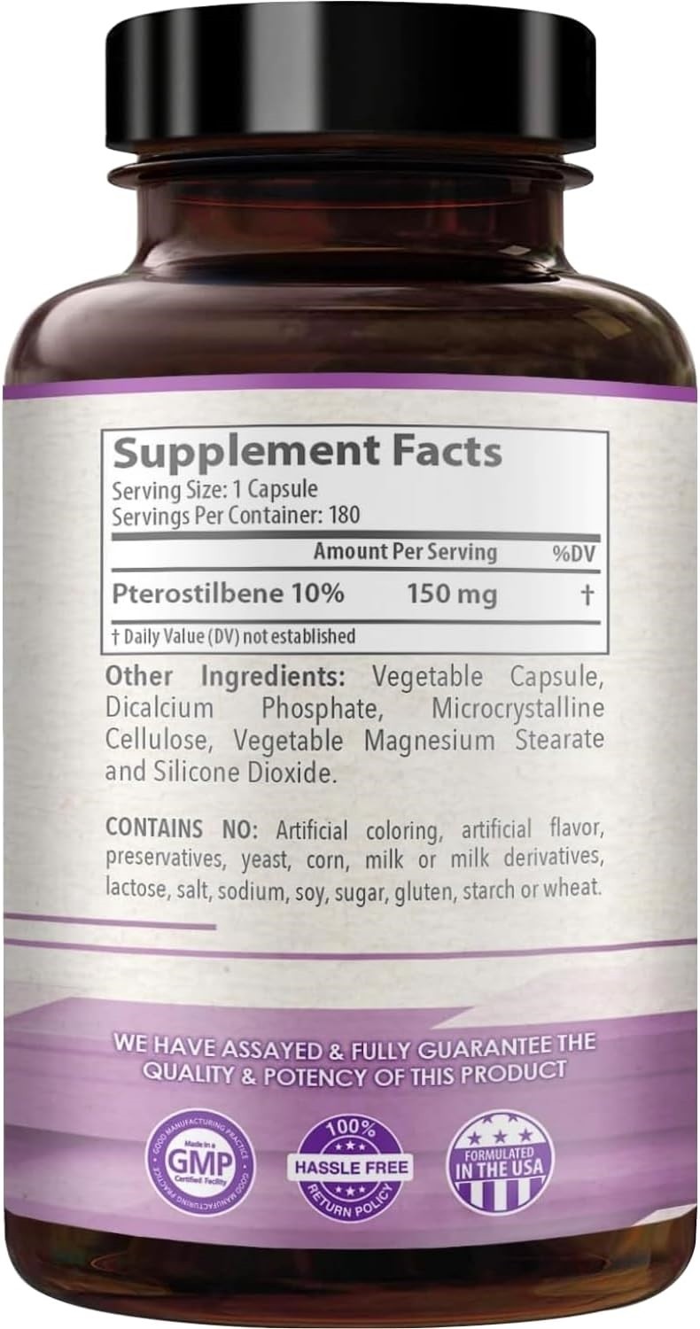 Pterostilbene 150mg Antioxidant for Heart, Brain, Skin & Immune – 180 Capsules
