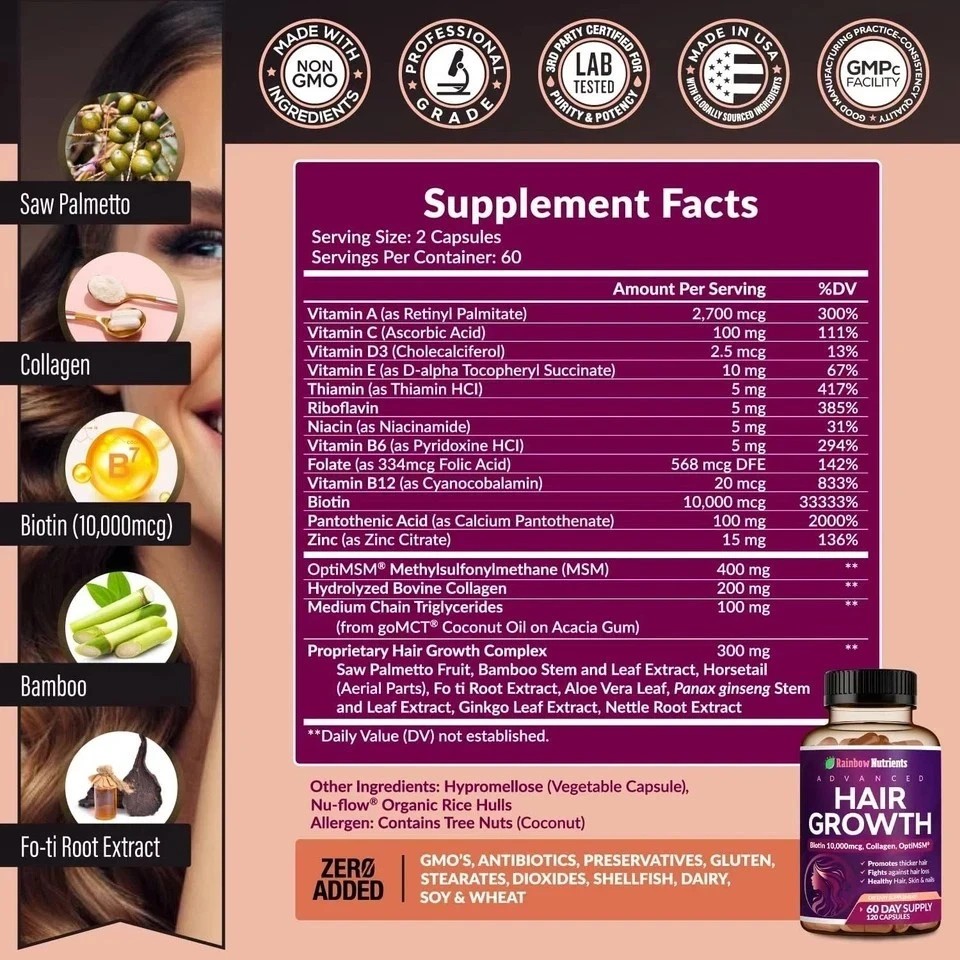 NEW Rainbow Nutrients ADVANCED Hair Growth Vitamins – Biotin 10,000mcg, Collagen