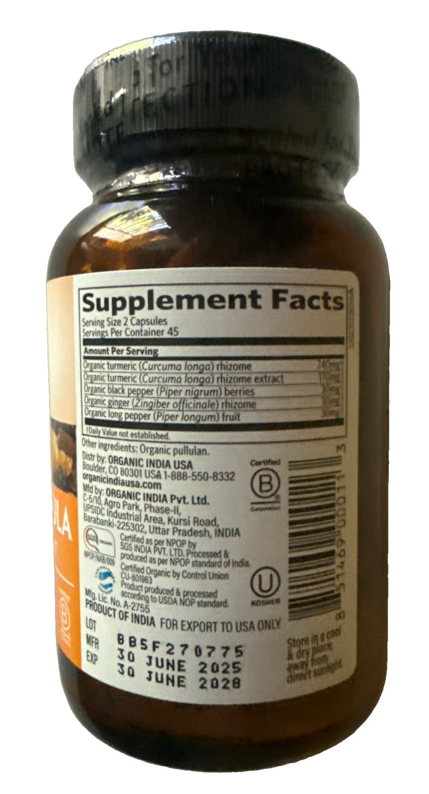 Organic India Turmeric Formula 90 Ct. Exp. 30 June 2028