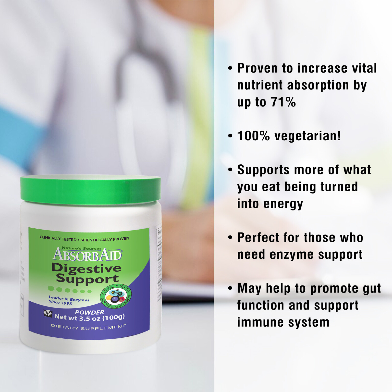 AbsorbAid 100g Powder -Natural Digestive Enzymes for gas, bloating & acid reflux