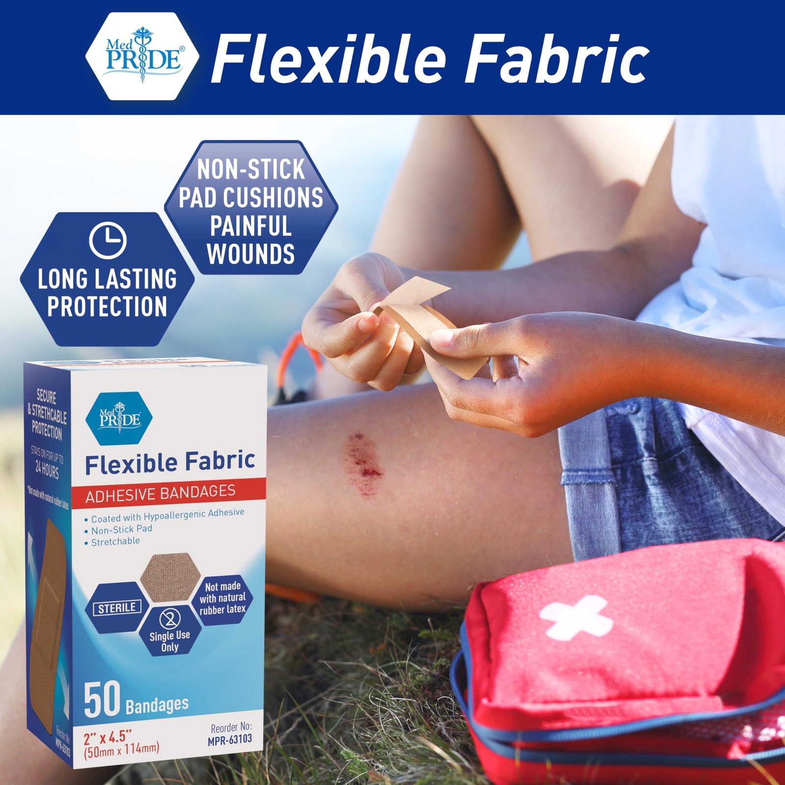 MED PRIDE Fabric Adhesive Bandages,Hypoallergenic,Latex-Free,2×4.5 in,50-Ct