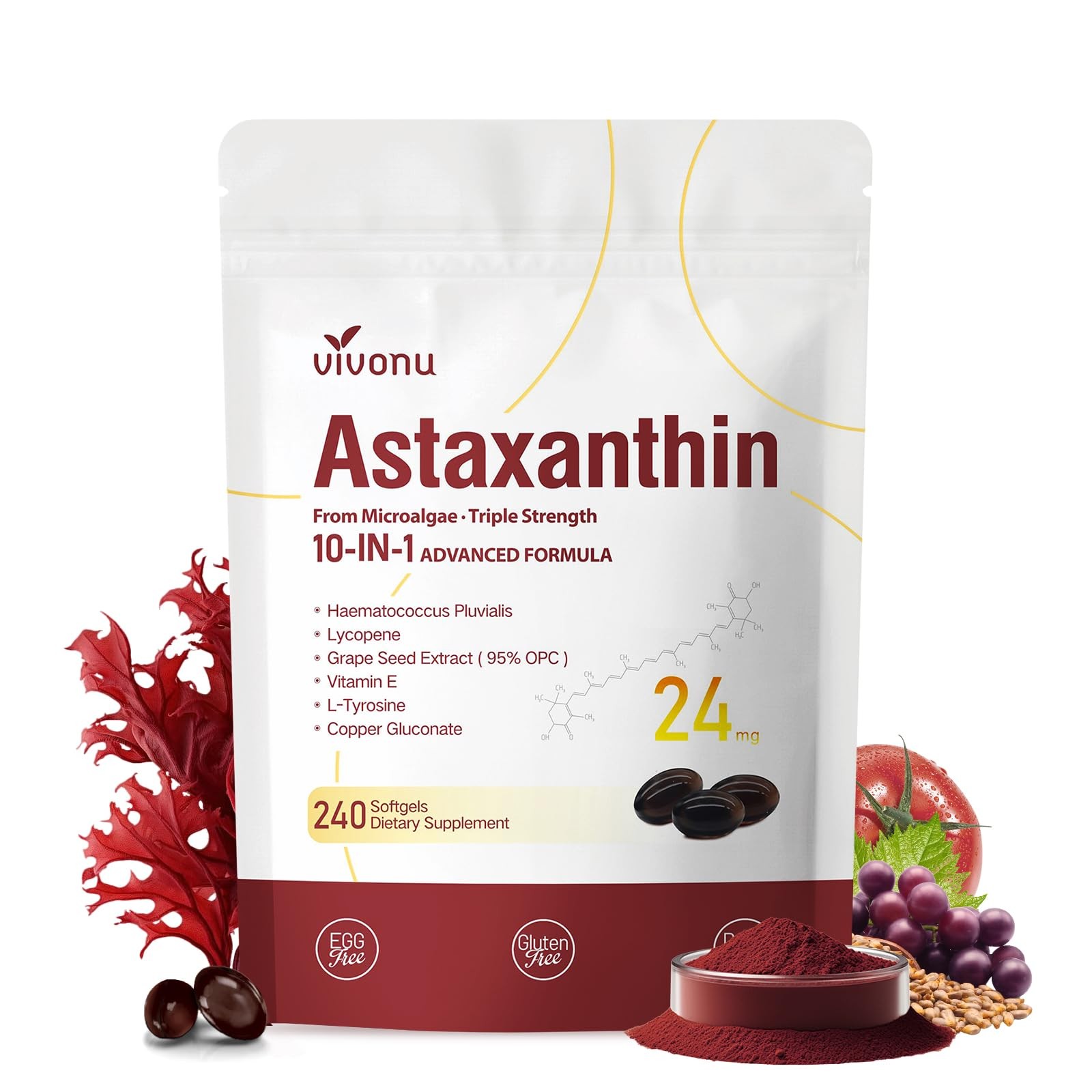 10 in 1 Astaxanthin 1 Count (Pack of 1), 24mg | 1 Bag | 240 Softgels