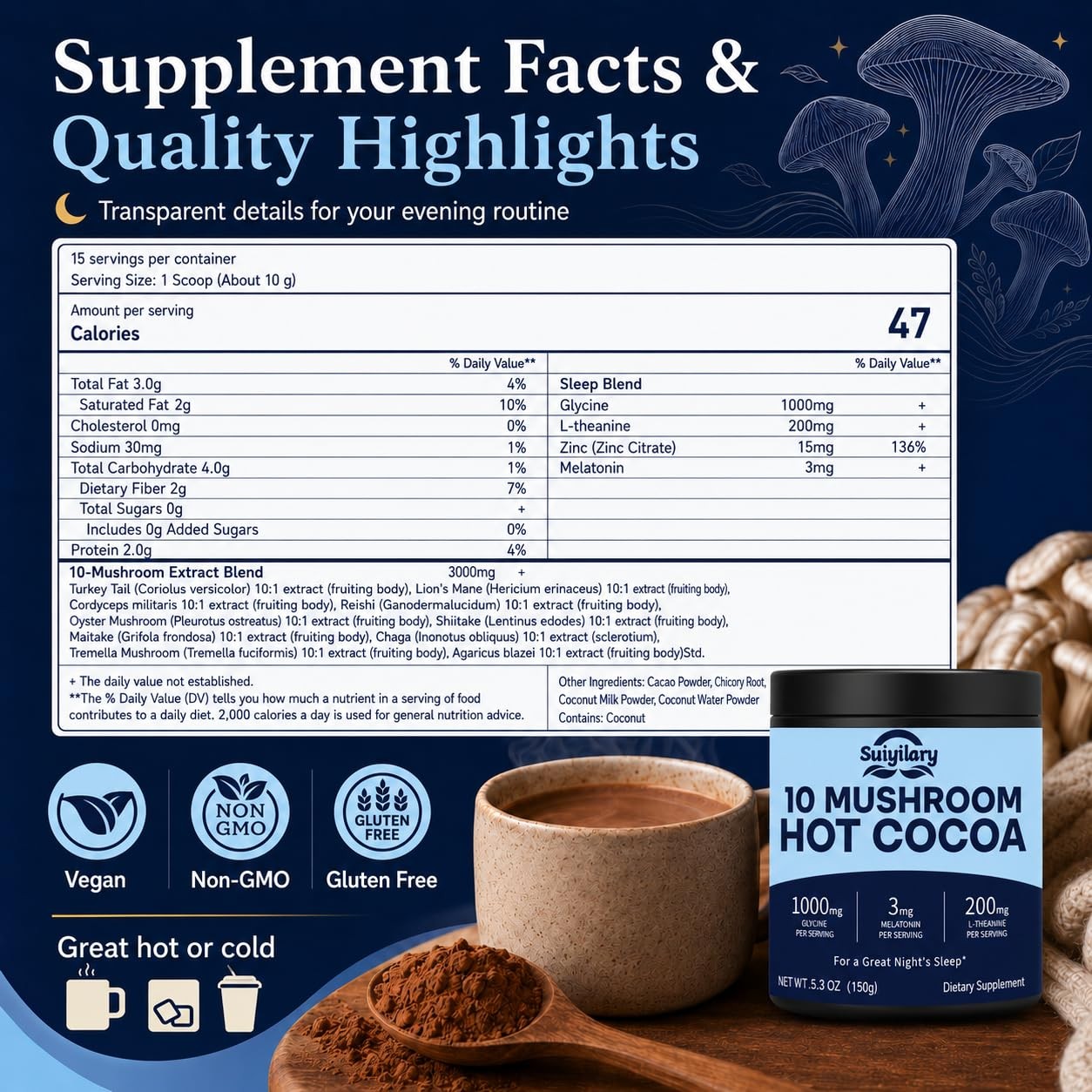 Suiyilary Mushroom Melatonin Cocoa 5.3oz Sugar Free Keto