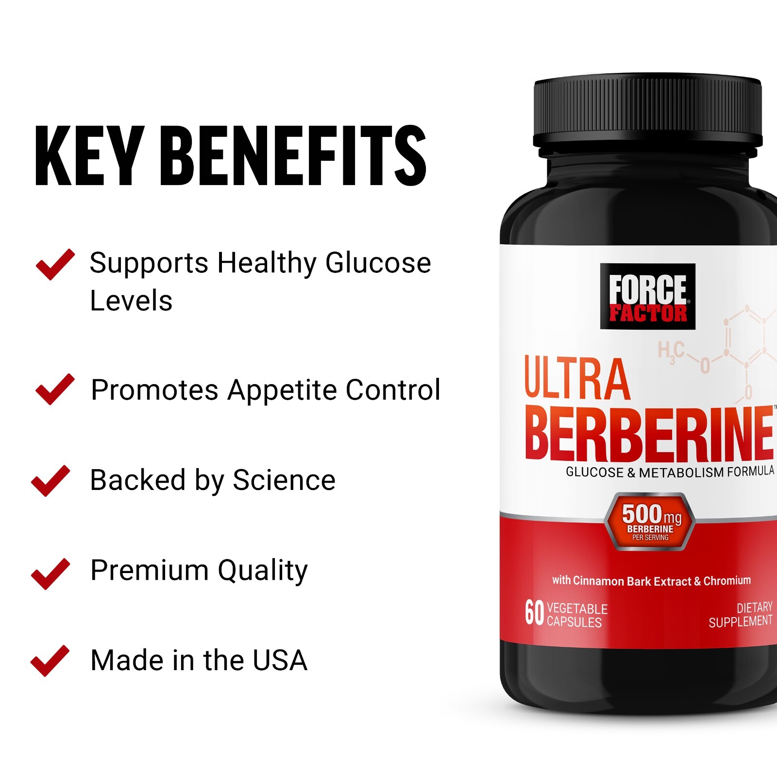Force Factor Ultra Berberine Supplement with Cinnamon for Blood Sugar Support