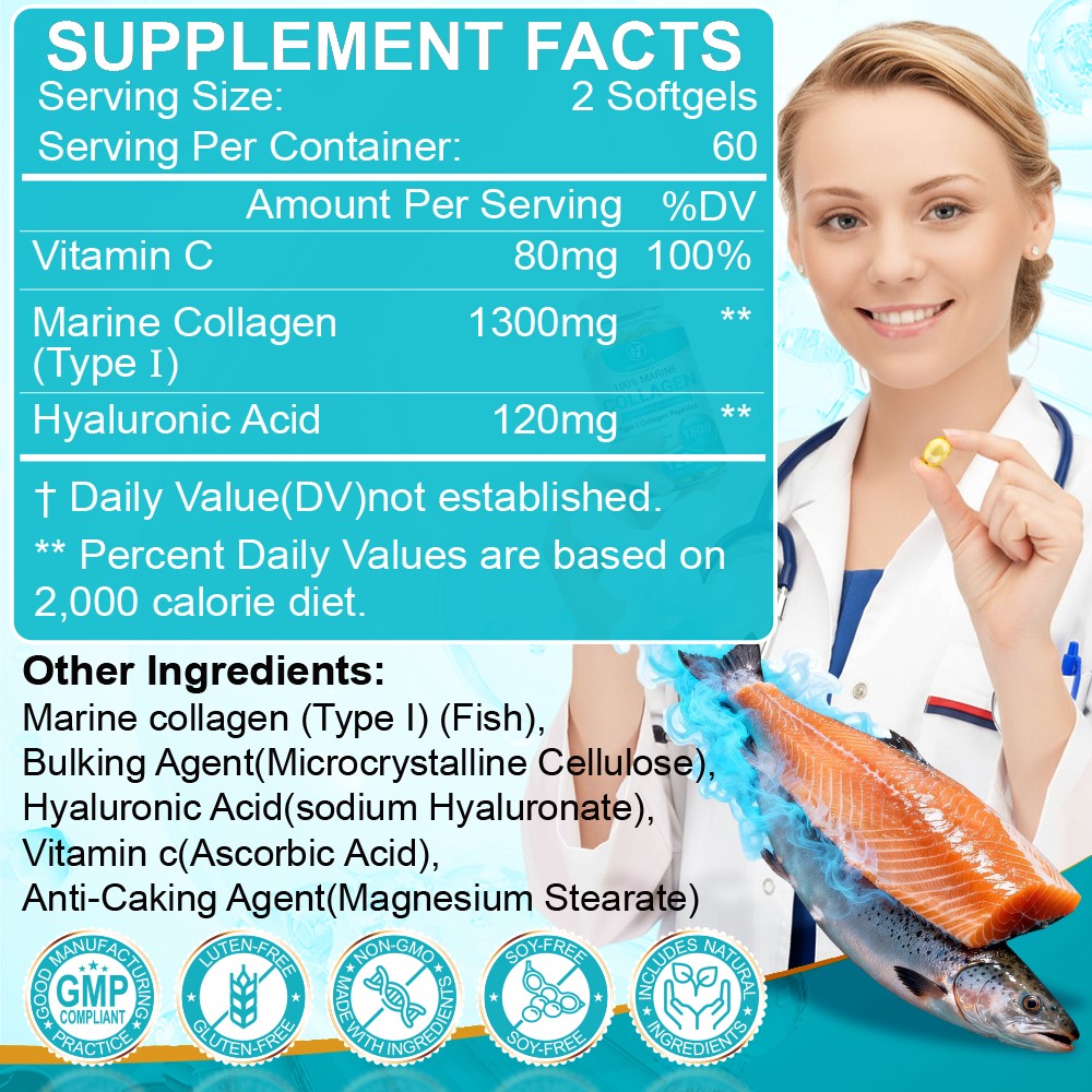 Marine Collagen Capsules 1300mg Hyaluronic Acid,Vitamin C,Skin Health Supplement