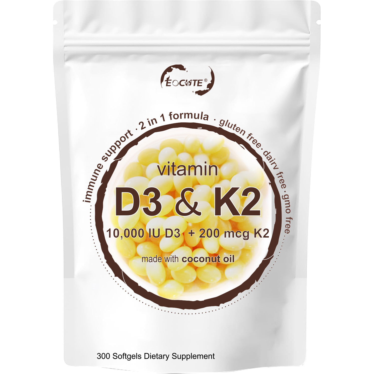 Vitamin D3 10000 iu Plus K2 (MK-7) 200 mcg coconut oil soft 180/300 capsules US