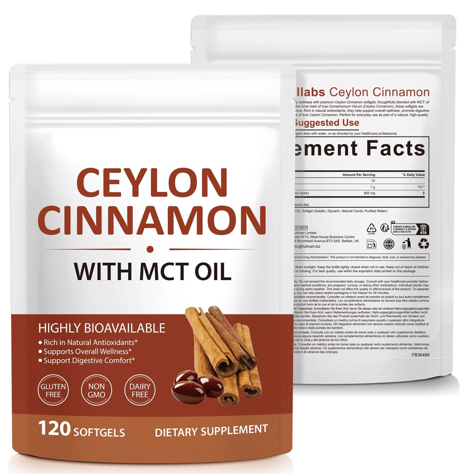 Ceylon Cinnamon Softgels with MCT Oil – Non-GMO, Gluten-Free, 120 Count, Dietary