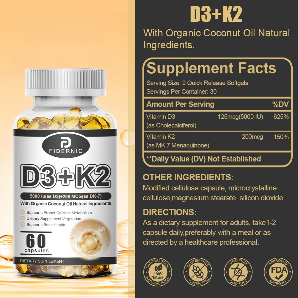 Vitamin D3 K2 60 Capsules Bone Muscle Immune Support Supplement