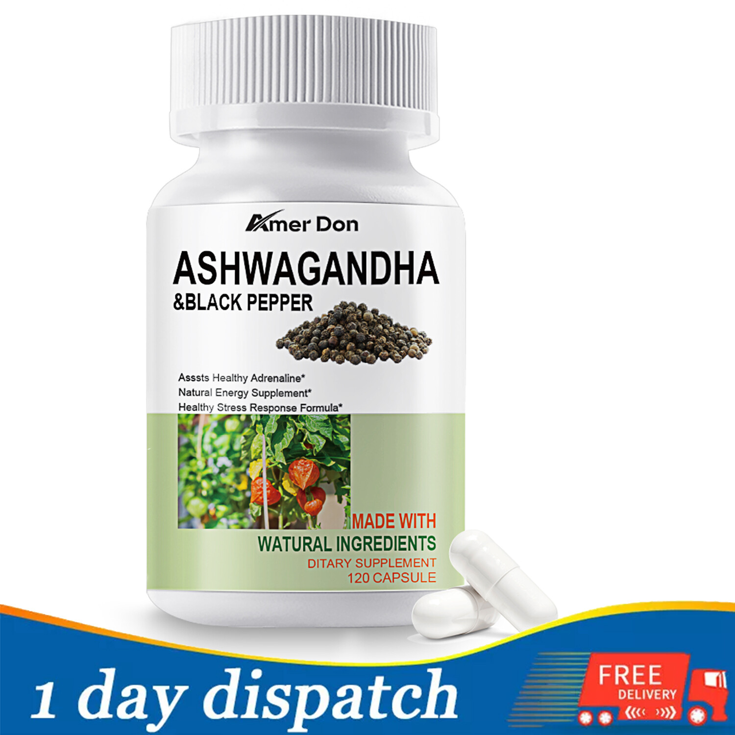 Organic Ashwagandha Capsules 1300mg Supplement w/ Black Pepper Root Powder 120Pc