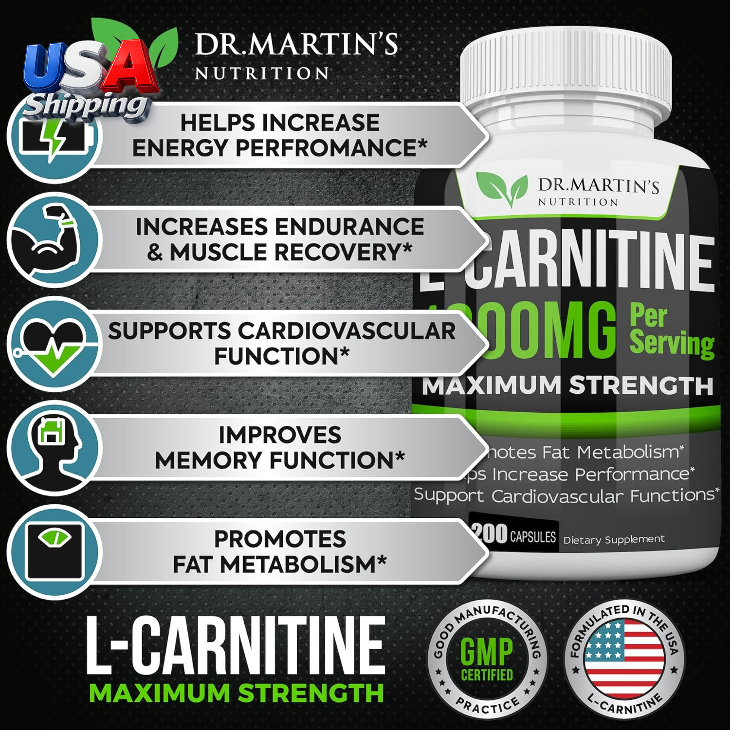 L-Carnitine Supplement Capsules 1000mg 200 Count Easy-to-Swallow