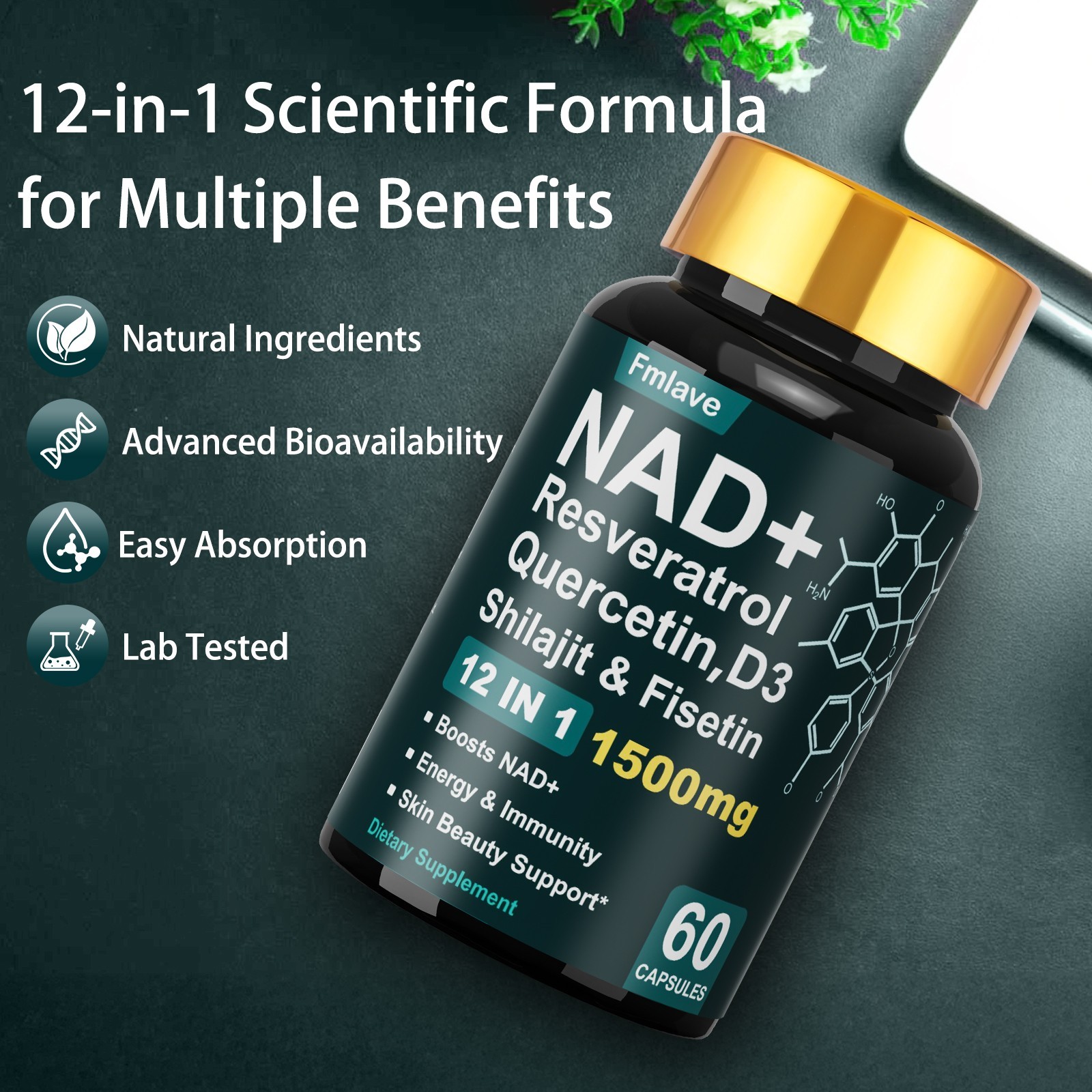 NAD+ Supplement 1500mg with Resveratrol | Cellular Health & Energy | 60 Capsules
