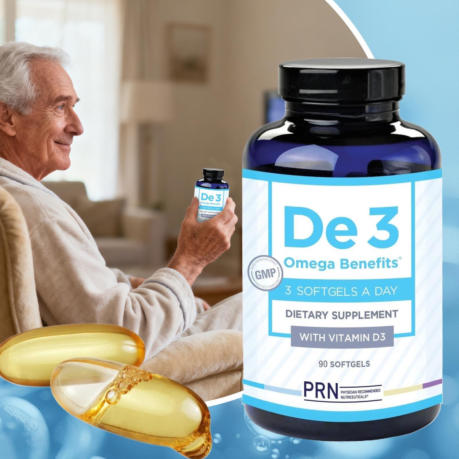 PRN De3 Dry Eye Omega Benefits dietary supplement with Vitamin D3 90 softgels