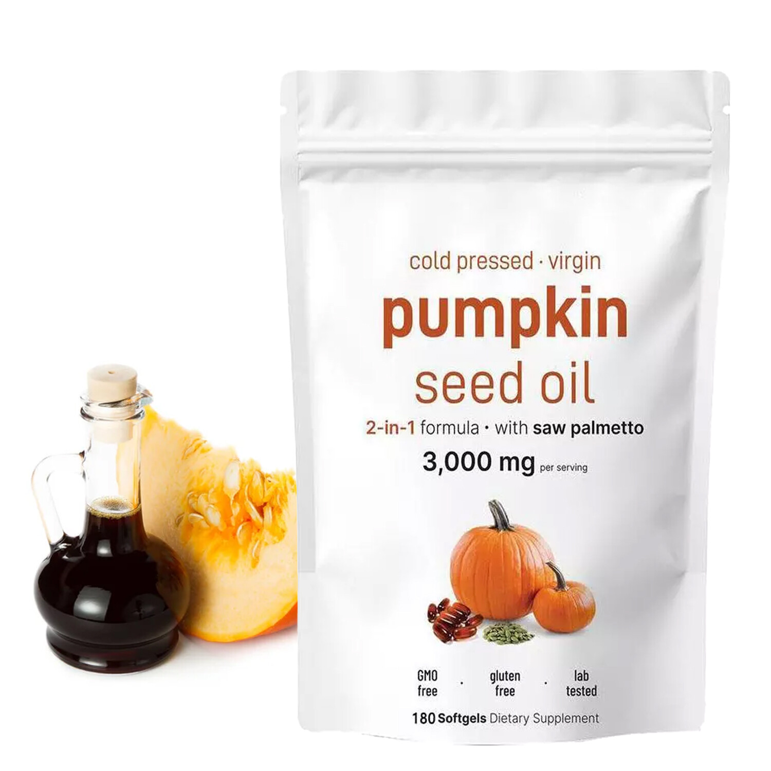 Cold pressed virgin pumpkin seed oil, 2-in-1 formula, containing saw palmetto