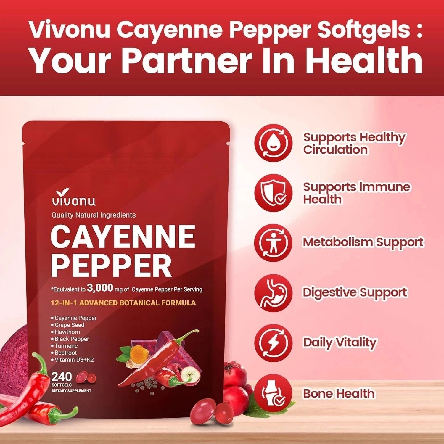 VivoNu Cayenne Pepper Softgels Supplement – 240 Capsules NEW FREE SHIP