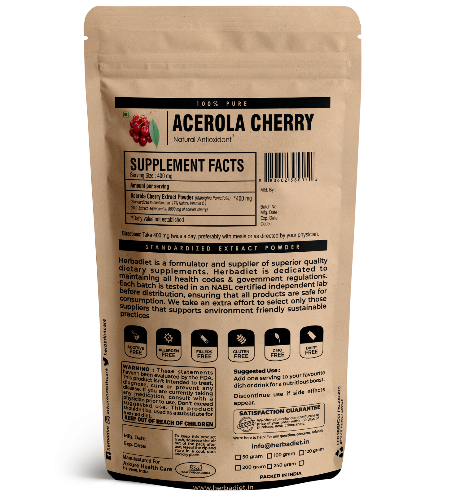 100% Natural Acerola Cherry Powder Extract – Vitamin C Antioxidant Support