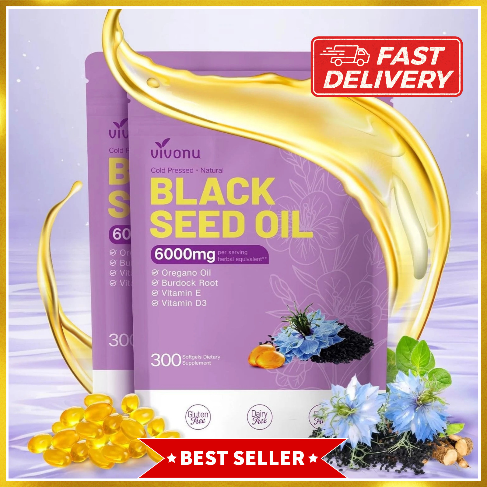 2 Pack Black Seed Oil Capsules,6000mg,300 Count Oil of Oregano,Burdock Root,E&D