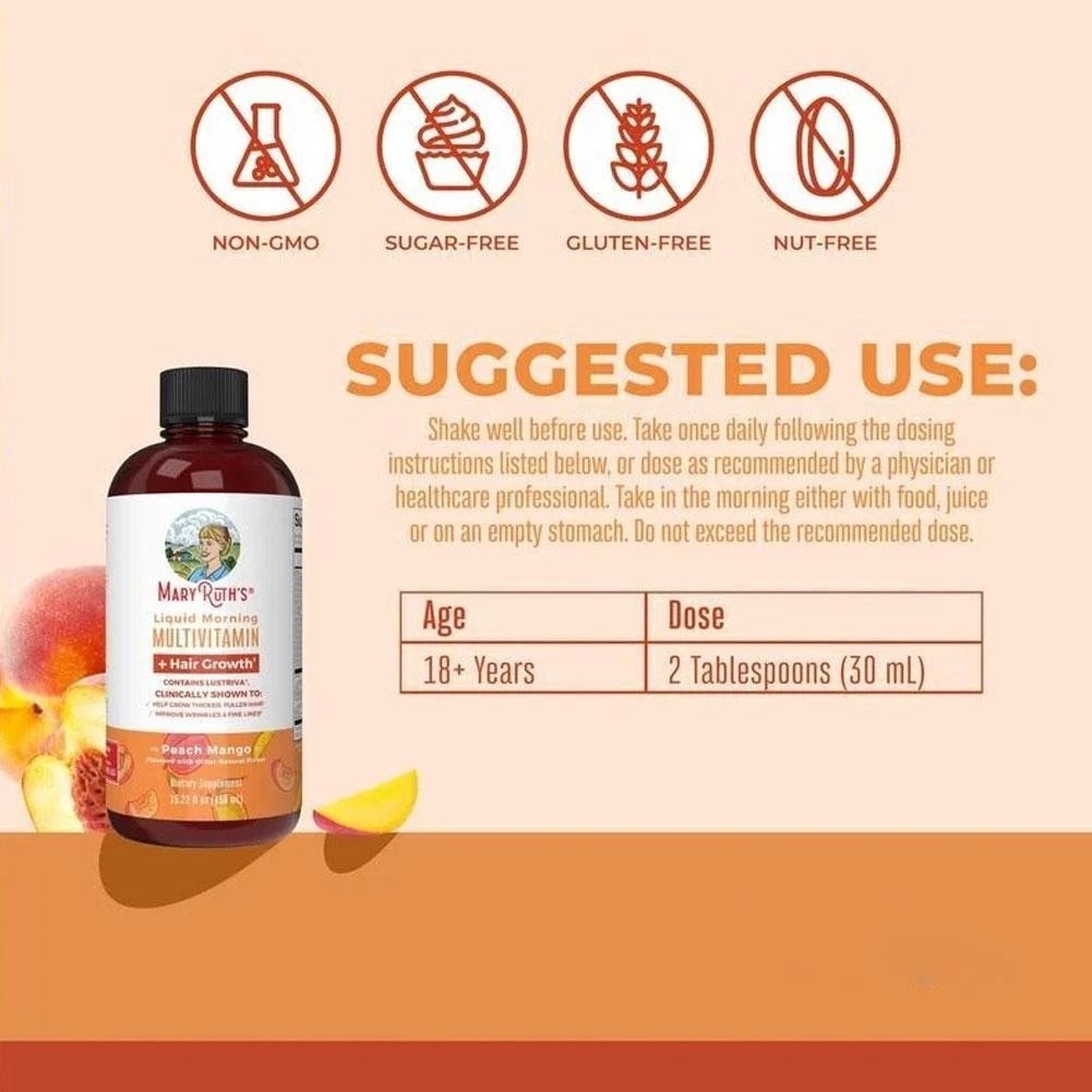 MARYRUTH’S Liquid Morning Multivitamin + Hair Growth, Peach Mango, 30oz. Ex.7/27