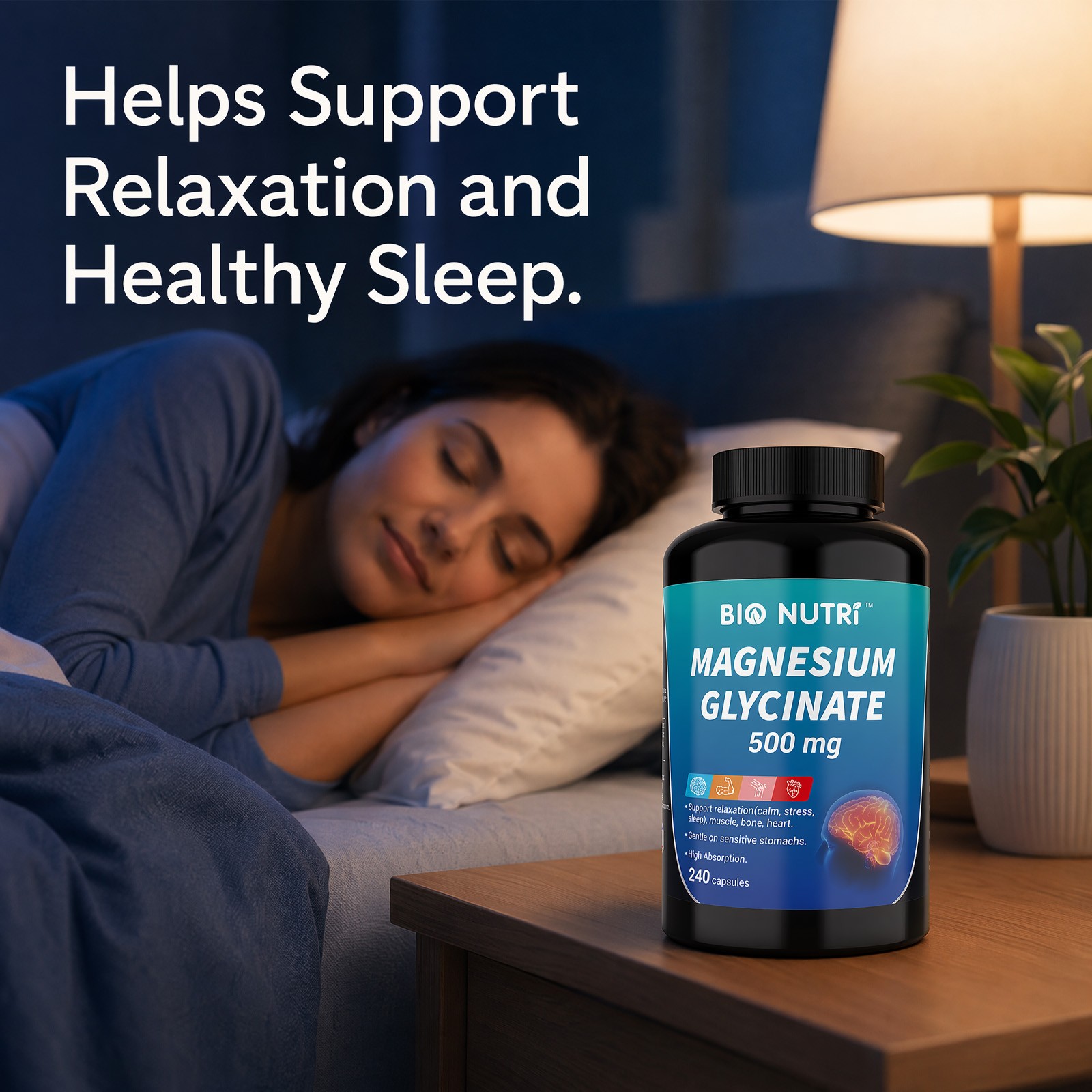 Magnesium Glycinate 500mg – 240 Capsules For Sleep, Stress Relief Support Bone