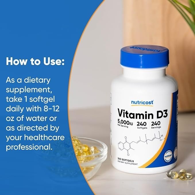 Nutricost Vitamin D3 5000 IU 240 Softgels High Potency Bone Support Gluten Free