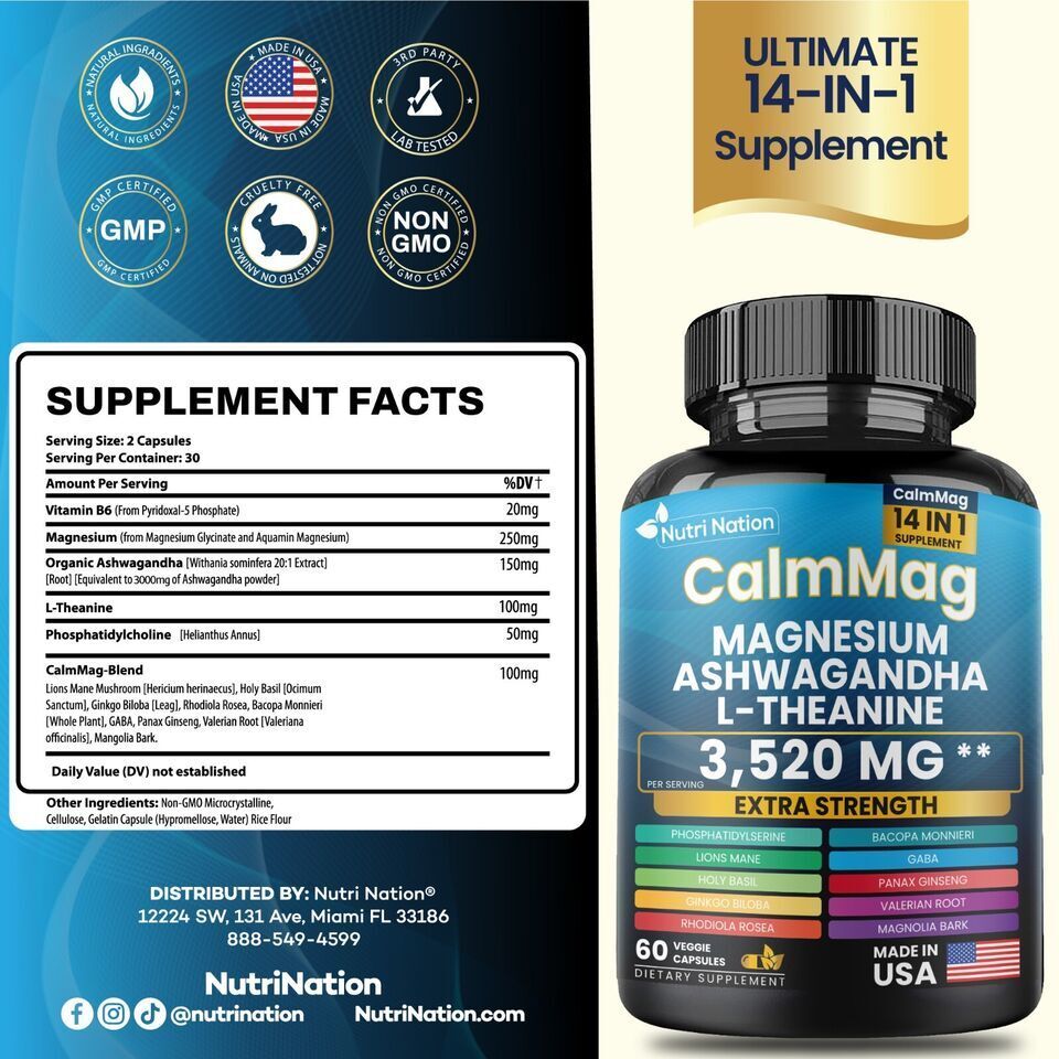 Cortisol Supplement Magnesium Glycinate 250mg Ashwagandha 150mg (3 Bottles Sa…