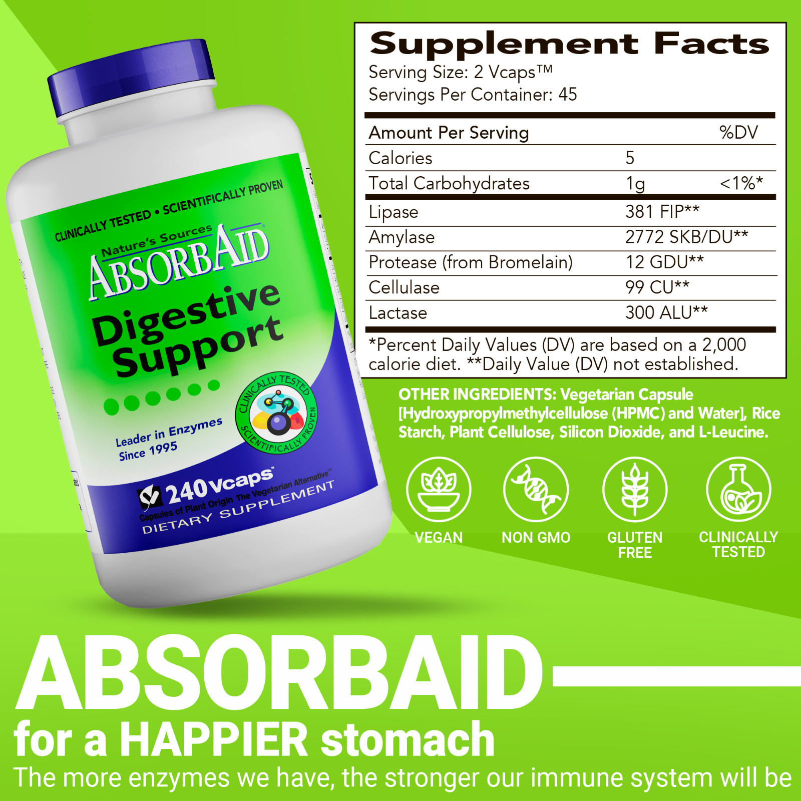AbsorbAid Natural Digestive Enzyme relief for gas, bloating, acid reflux-240 cap