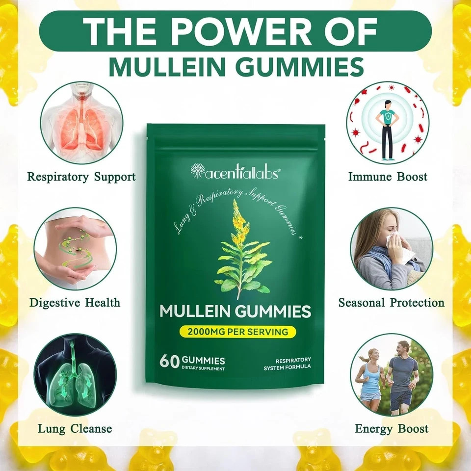 60 Count Mullein Gummies for Lung Cleanse, 2000mg Organic Mullein Leaf Extract f