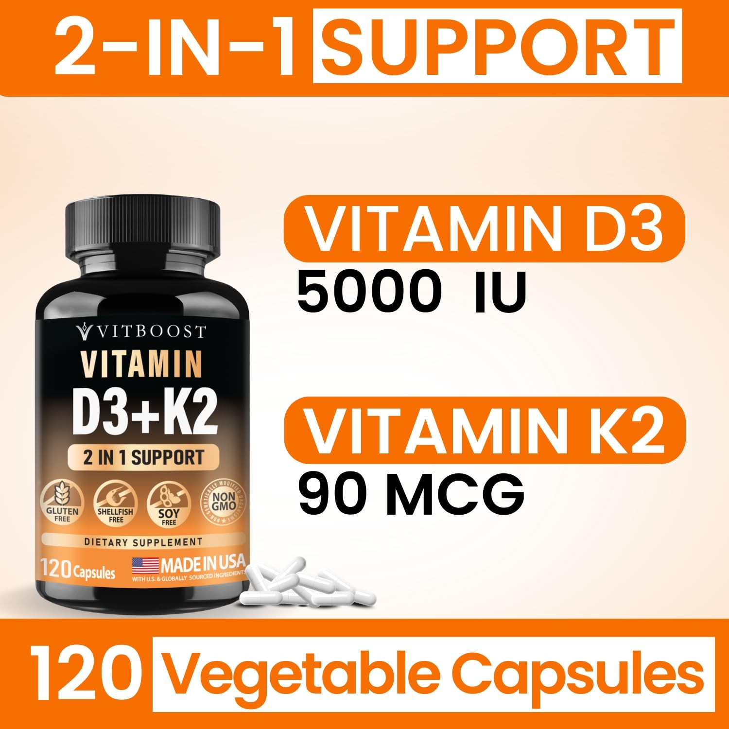 VITBOOST Vitamin D3 K2 Complex Easy to Swallow Vitamin D D3 5000 IU 125 mcg…