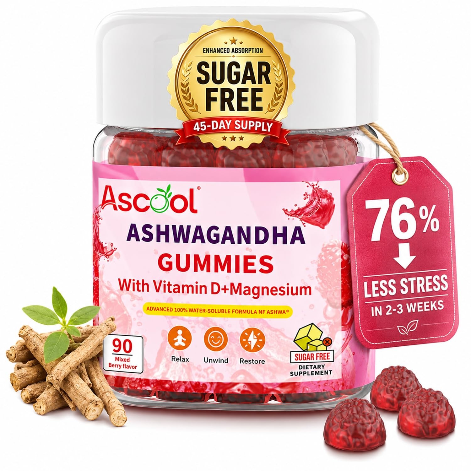 Ascool Ashwagandha Gummies for Stress Relief & Calm with 90 Count (Pack of 1)