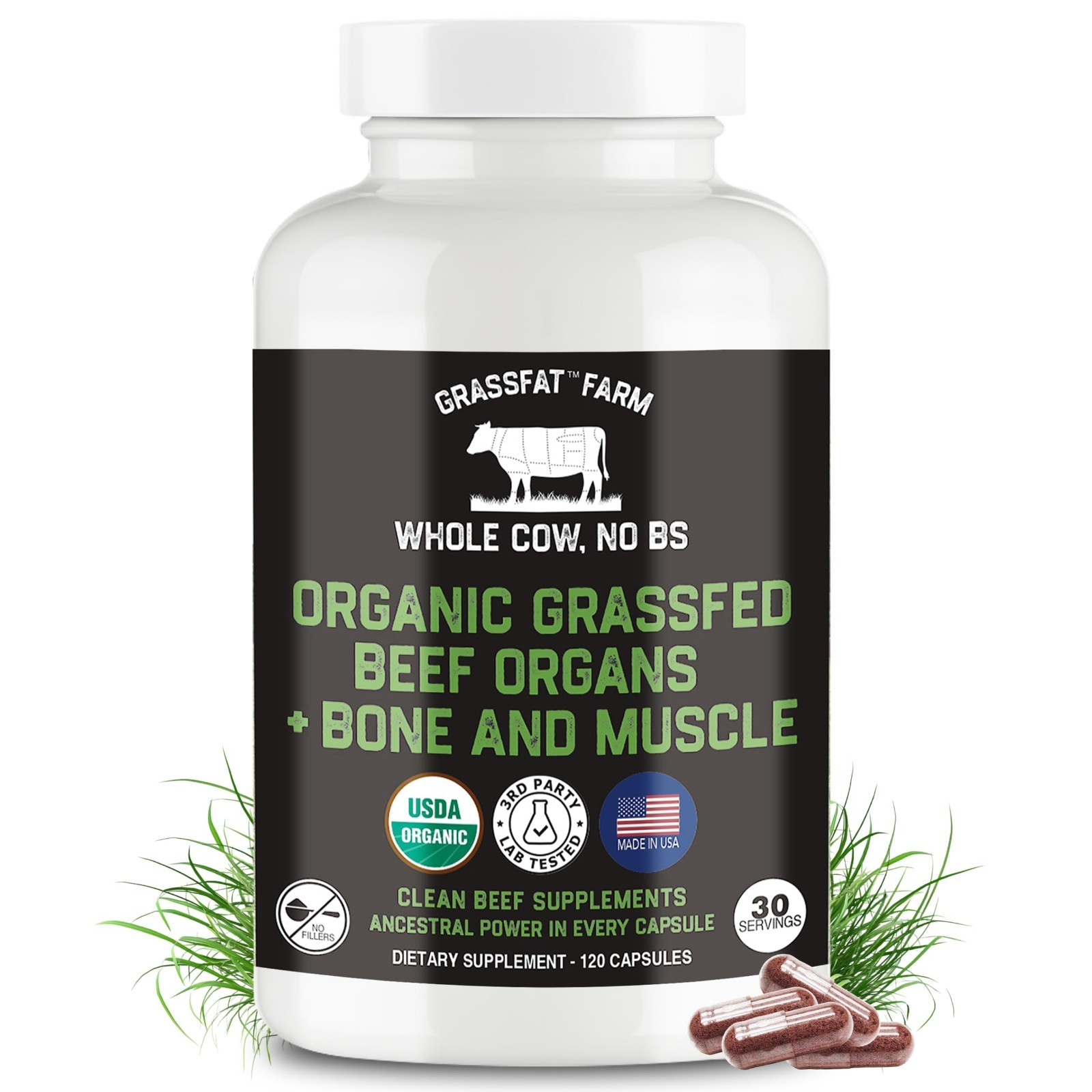 USDA Organic 100% Grassfed Beef Organ Supplements – Whole Cow, 30-Day Supply