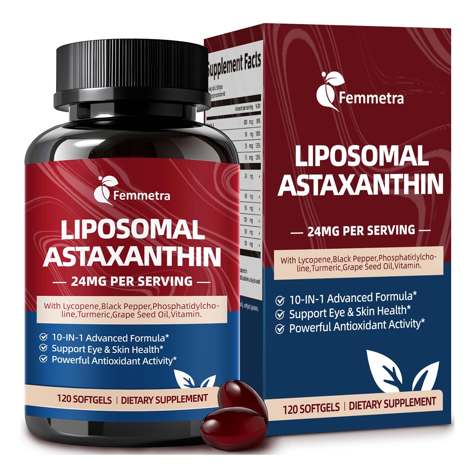 Femmetra Liposomal Astaxanthin 24mg Supplements with 120 Count (Pack of 1)