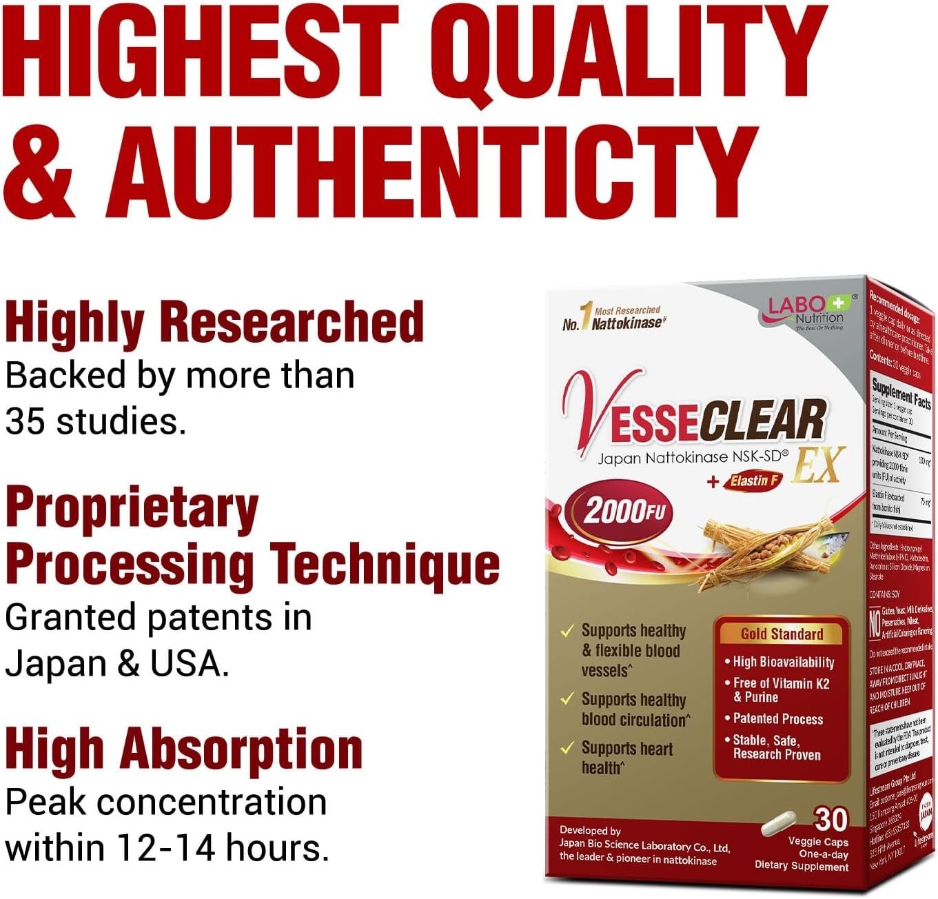 LABO Nutrition VesseCLEAR EX Nattokinase NSK-SD+Elastin F For Clean Blood Vessel
