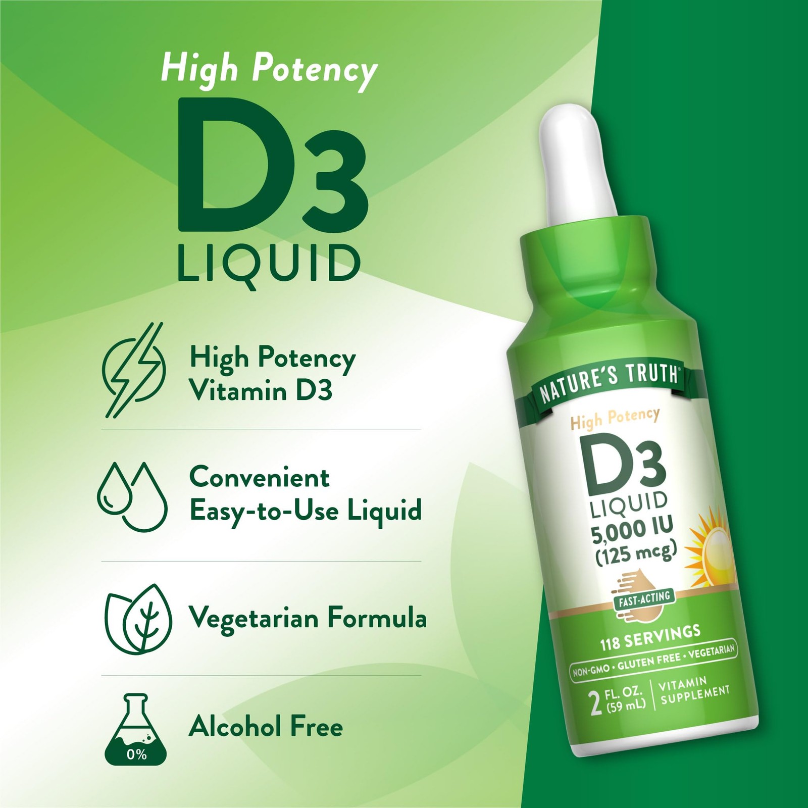 Liquid Vitamin D3 5000 IU 2 Fl Oz Vegetarian Gluten Free Fast Acting Supplement
