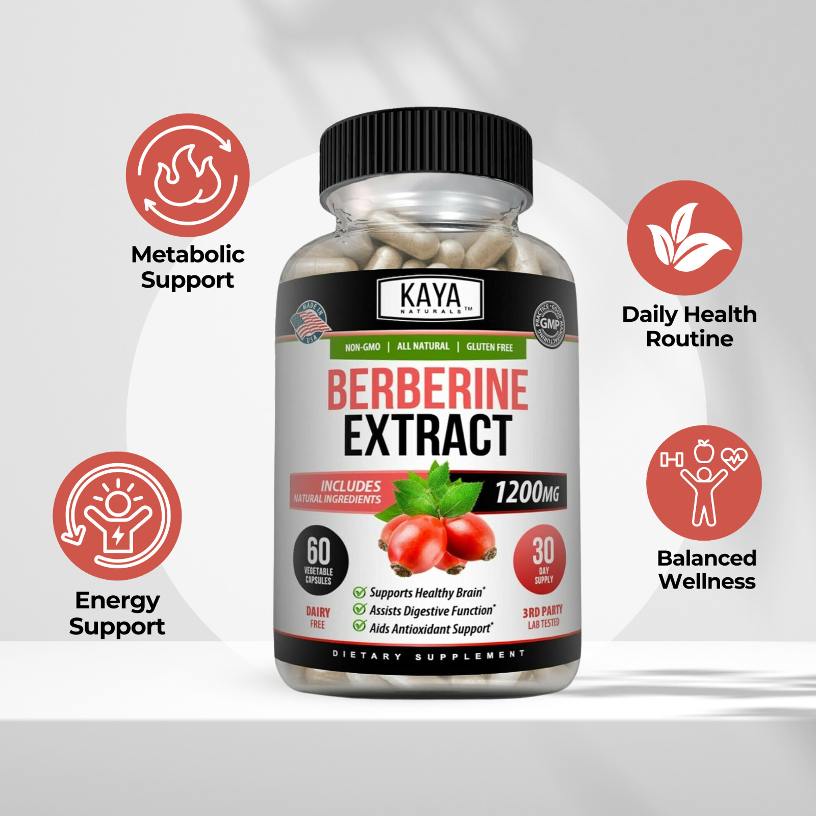 Premium Berberine HCL Extract 1200mg, Healthy Cholesterol, Anti-inflammatory