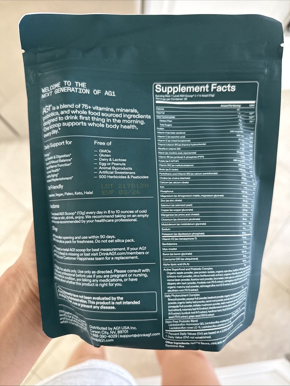 AG1 Next Gen Athletic Greens Powder Pouch – 30 Day Supply – 1 Bag – Exp05/26+