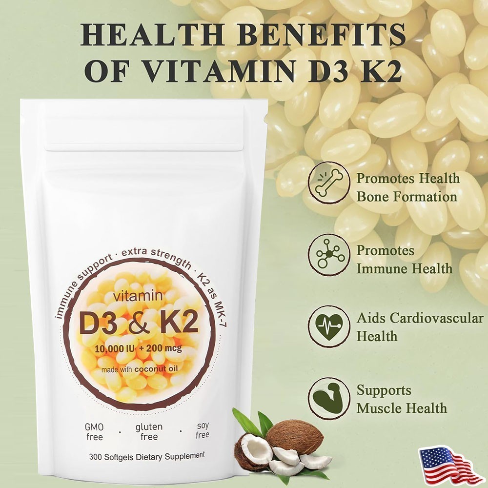Vitamin D3 10000 iu Plus K2 MK-7 200 mcg 300 Virgin Coconut Oil Softge LOT NEW