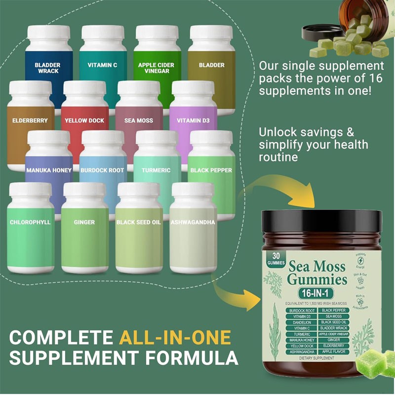 16 in 1 pure Sea Moss Gummy | Irishmoss Extract 6000Mg | Green Apple Flavor