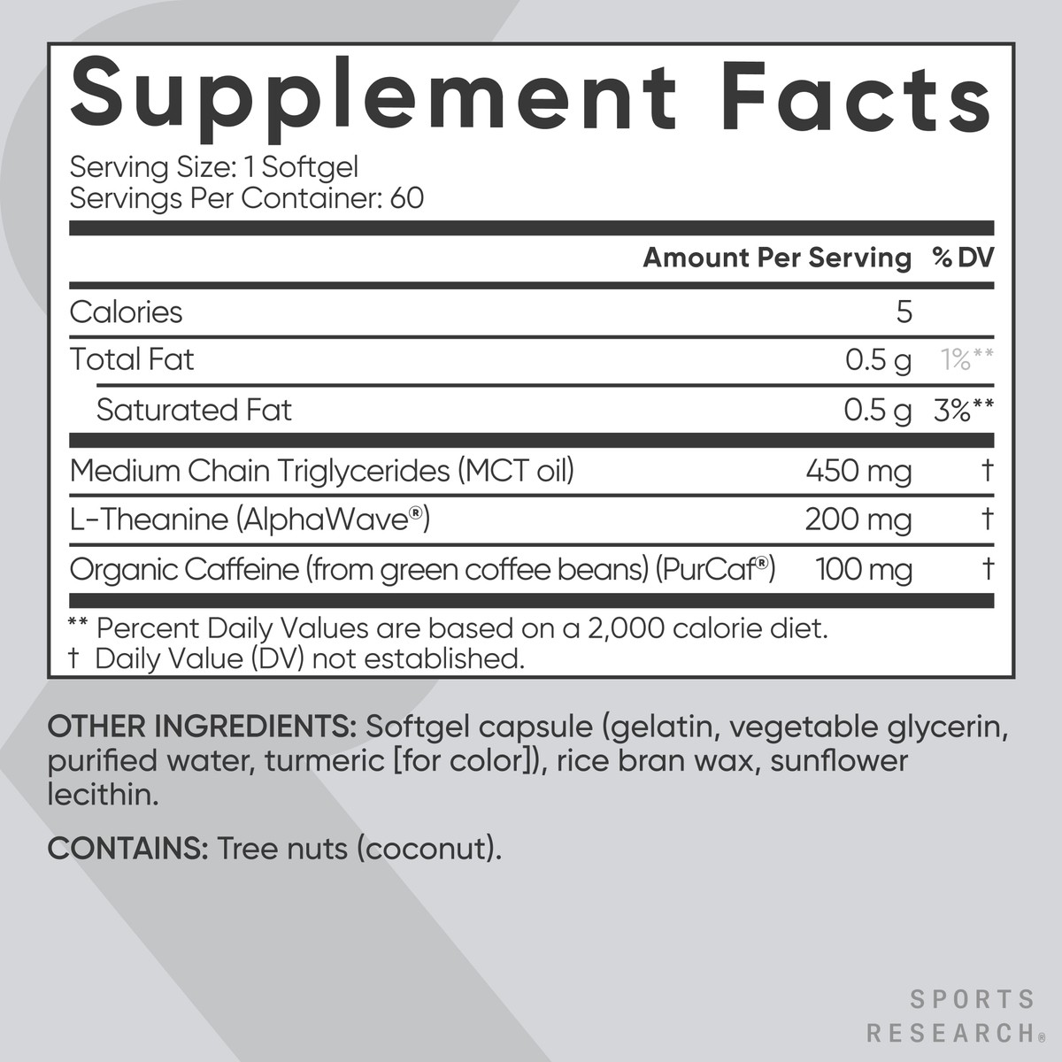 L-Theanine Supplement with Caffeine & Coconut MCT Oil – 60 Liquid Softgels