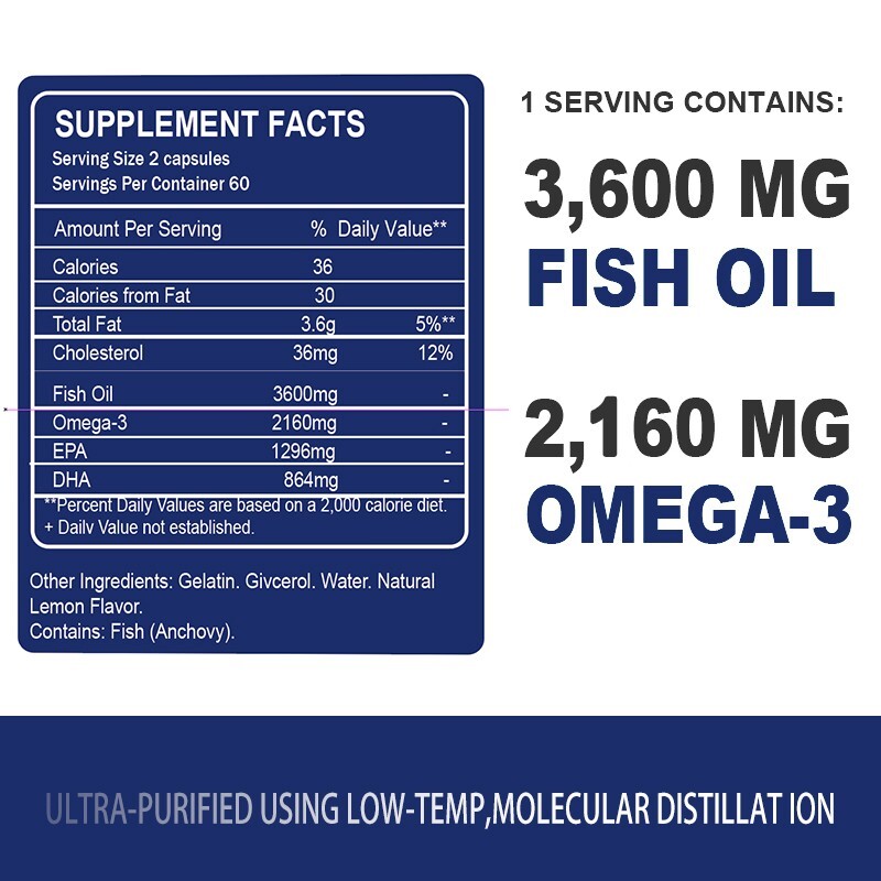 120 Pills Omega 3 Fish Oil Capsules 3x Strength 2500mg EPA & DHA Highest Potency