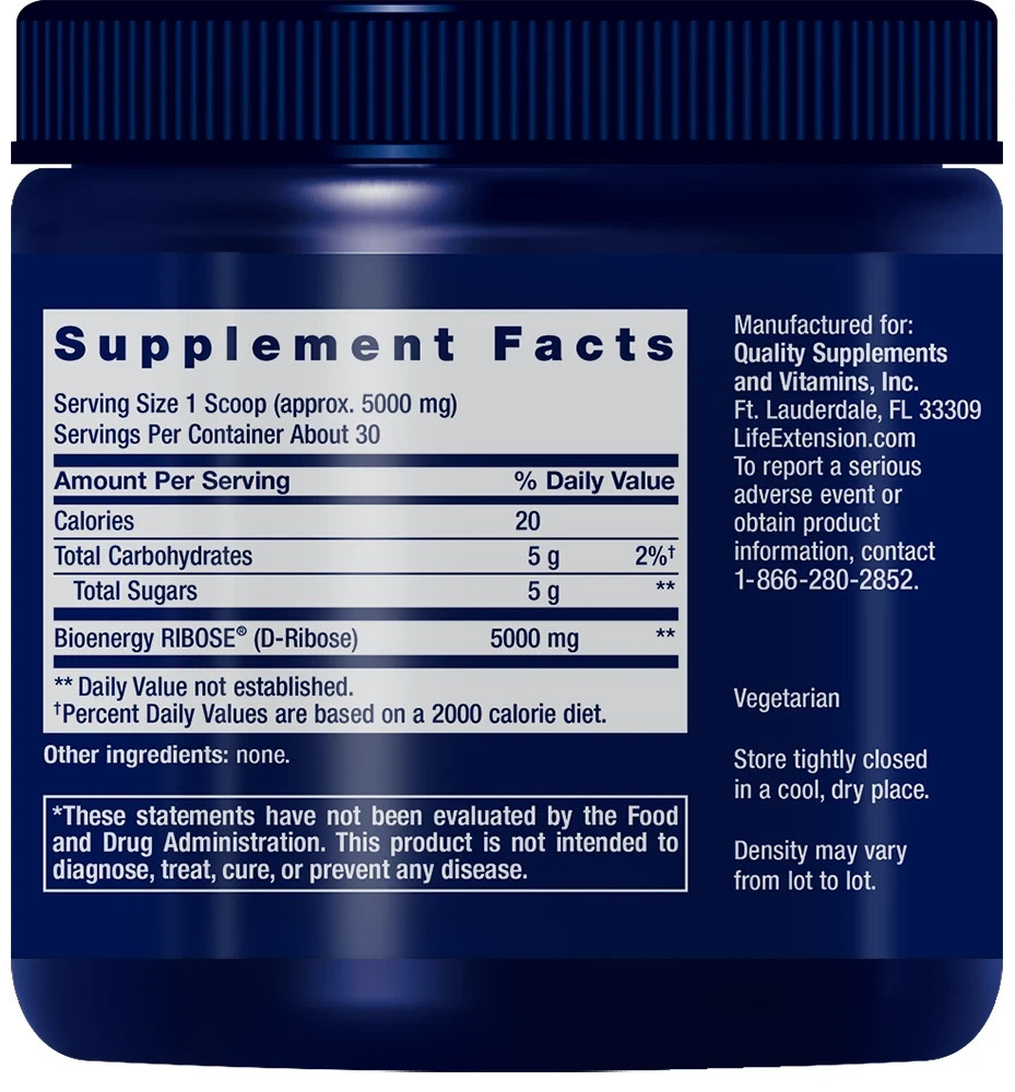 D-Ribose Powder 5000mg per Serving 150gms/5.29oz Life Extension